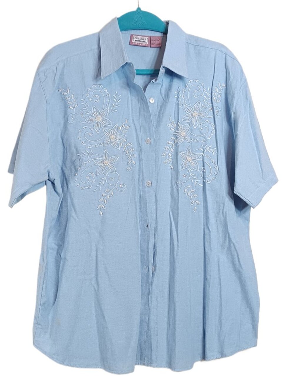 Premier Intl Button Up Shirt Women’s L Blue Faux Pearl Beaded Floral Embroidered